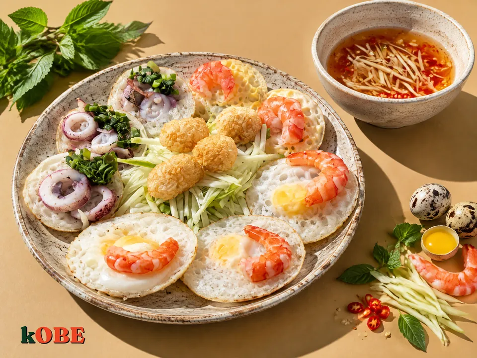 Bánh căn miền Trung nhân tôm trứng cút, không thêm đường tinh luyện