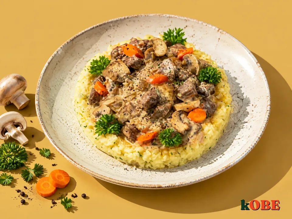 Bò xào nấm sốt kem ăn kèm khoai tây dằm bơ