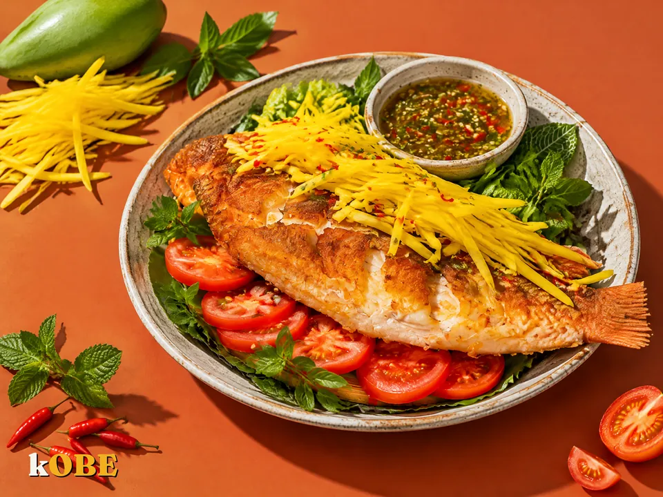 Cá diêu hồng chiên sốt xoài xanh, không thêm đường tinh luyện