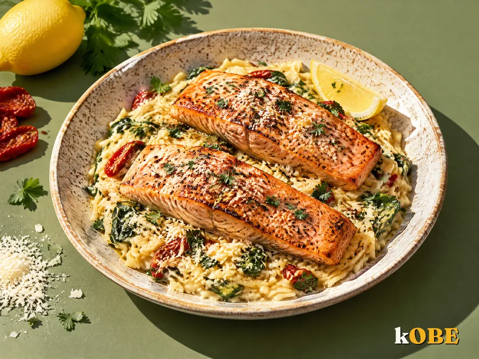 Cá hồi nướng cùng mì orzo phô mai Parmesan