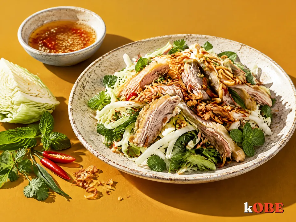 Gỏi vịt bắp cải chấm nước mắm gừng, nấu bằng đường la hán quả