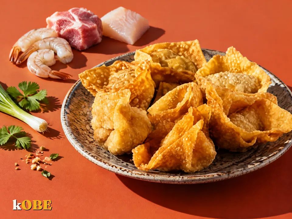 Hoành thánh chiên nhân tôm thịt cá thác lác, nấu bằng đường la hán quả