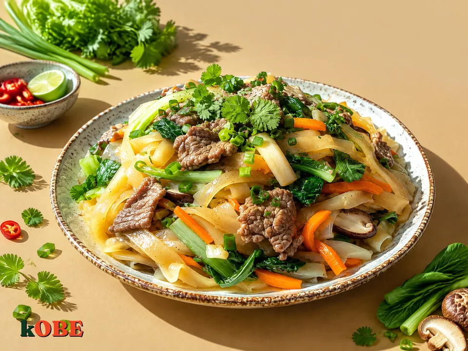 Hủ tiếu xào thịt bò rau củ nấu bằng đường la hán quả