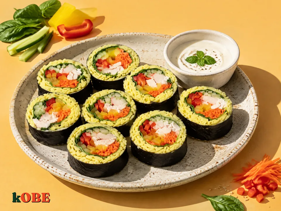 Kimbap ức gà rau củ không cơm chấm sốt sữa chua làm tại nhà