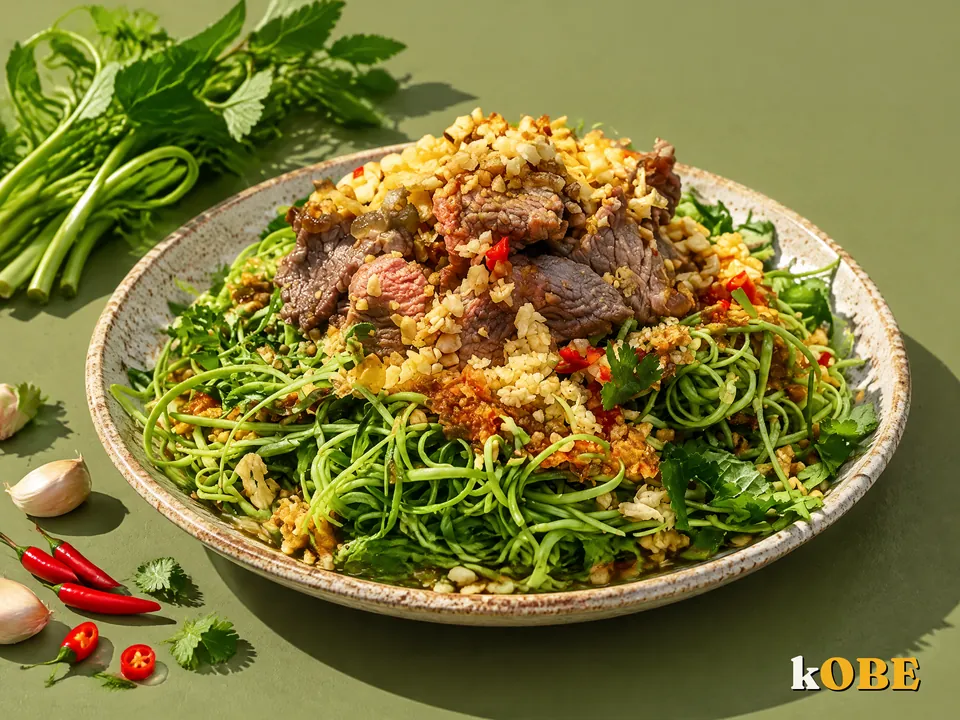 Nộm bò rau muống chẻ, nấu bằng đường la hán quả